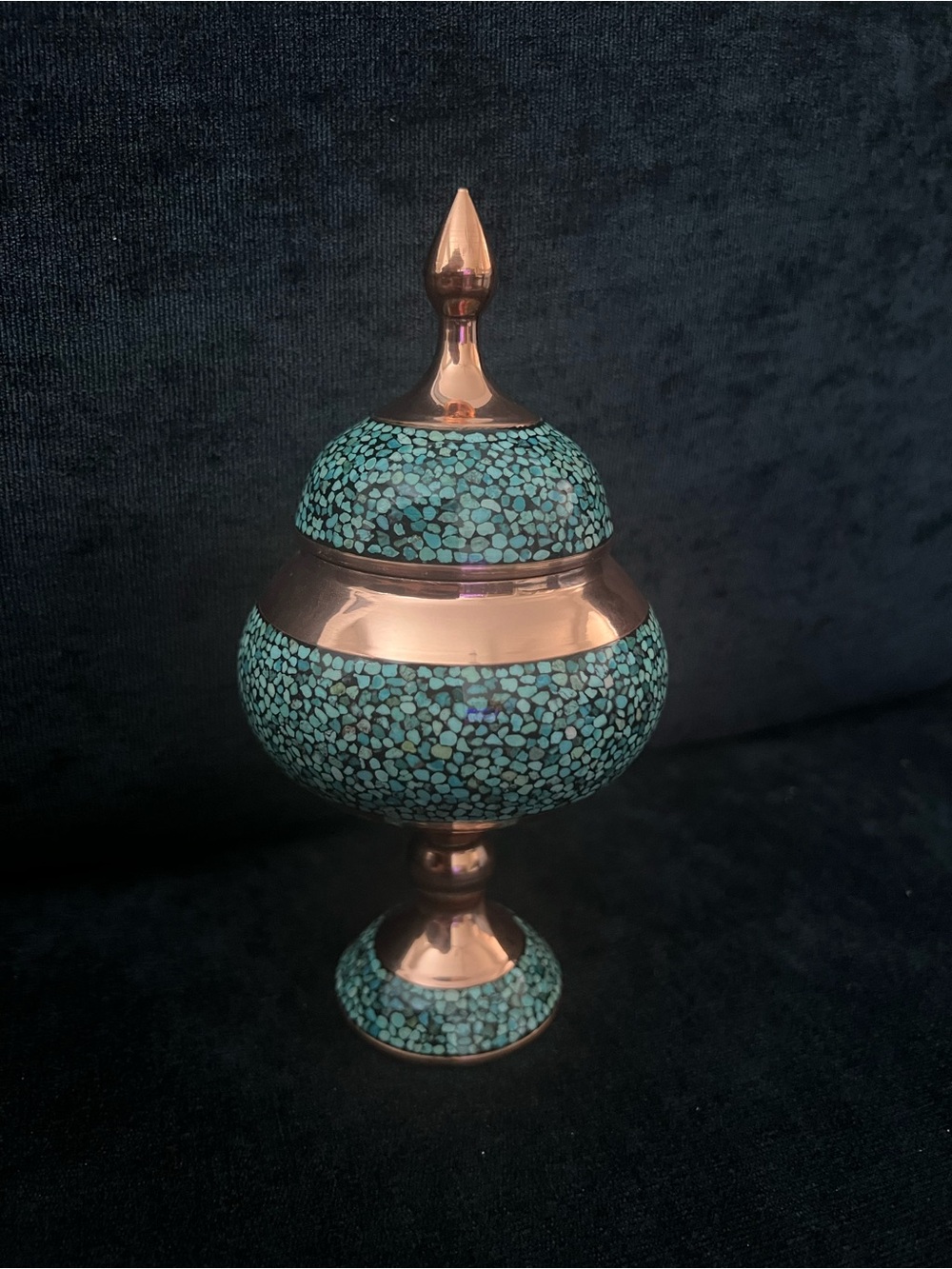 Handcrafted Persian Firoozeh Koobi Lidded containe(6.5" x 3") copper & turquoise